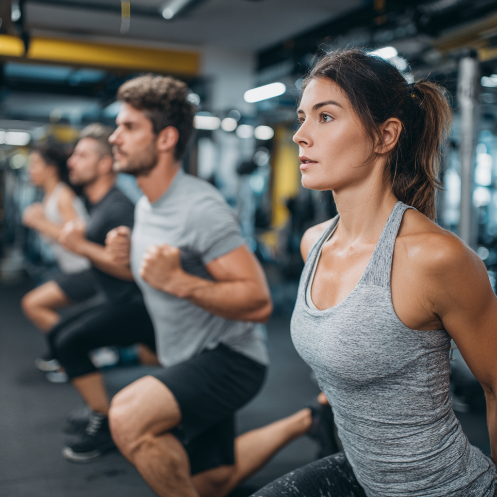 Középkorú magyar asszony és fiatal férfi core gyakorlatokat végez edzőteremben, koncentráltan dolgoznak a törzserősítésen